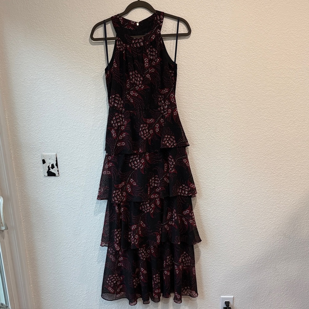Tommy Hilfiger Women's Tiered Halter Black Red Chiffon Maxi Floral Dress Sz 2